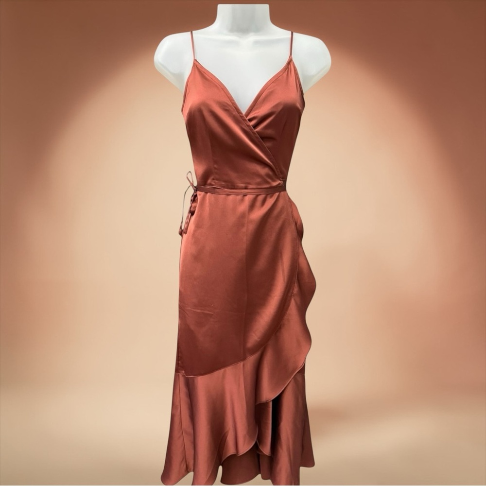 Vintage Y2K Abercrombie & Fitch Terracotta Satin Wrap Maxi Dress Small Ruffle
